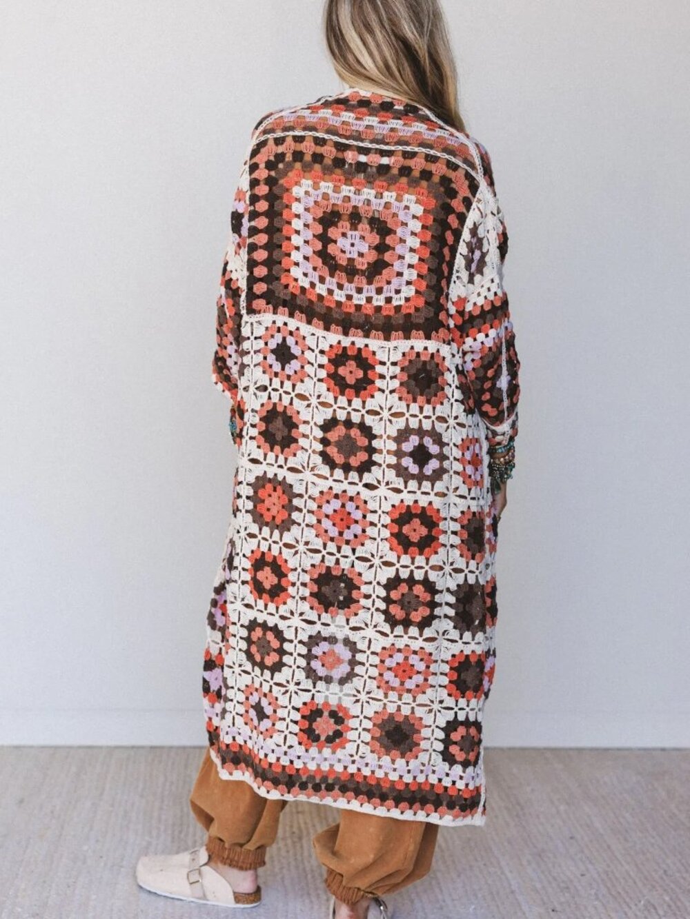 Three Bird Nest Soulful Wanderer Crochet Duster Brown Multi Cardigan